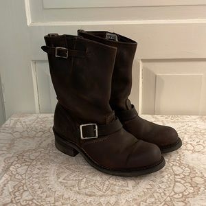 Frye Pull On Engineer Veronica Riding Moto Mid-Calf Leather Distressed Boots